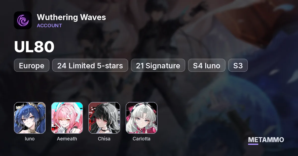 EU UL80 | 24 Limited 5-stars | 21 Signature | S4 Iuno + S3 Aemeath/Chisa/Carlotta - Wuthering Waves account summary