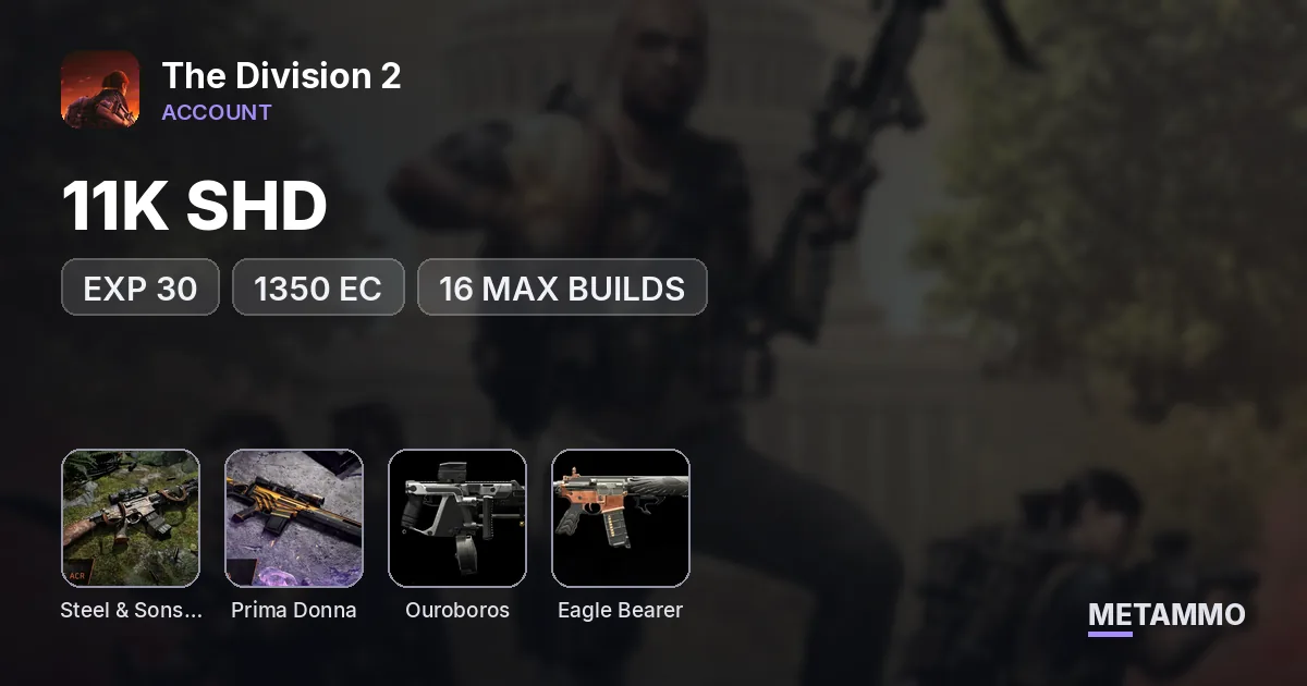 PC | 11K SHD | EXP 30 | 1350 EC | STEEL SONS, PRIMA DONNA, OROBOROS, EAGLE BEARER | 16 MAX BUILDS | FULL ACCESS - The Division 2 account summary