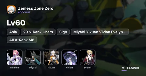 Asia Lv60 | 29 S-Rank Chars | Remielle + Sign | Miyabi Yixuan Vivian Evelyn Sigs | All A-Rank M6 | 7 Skins