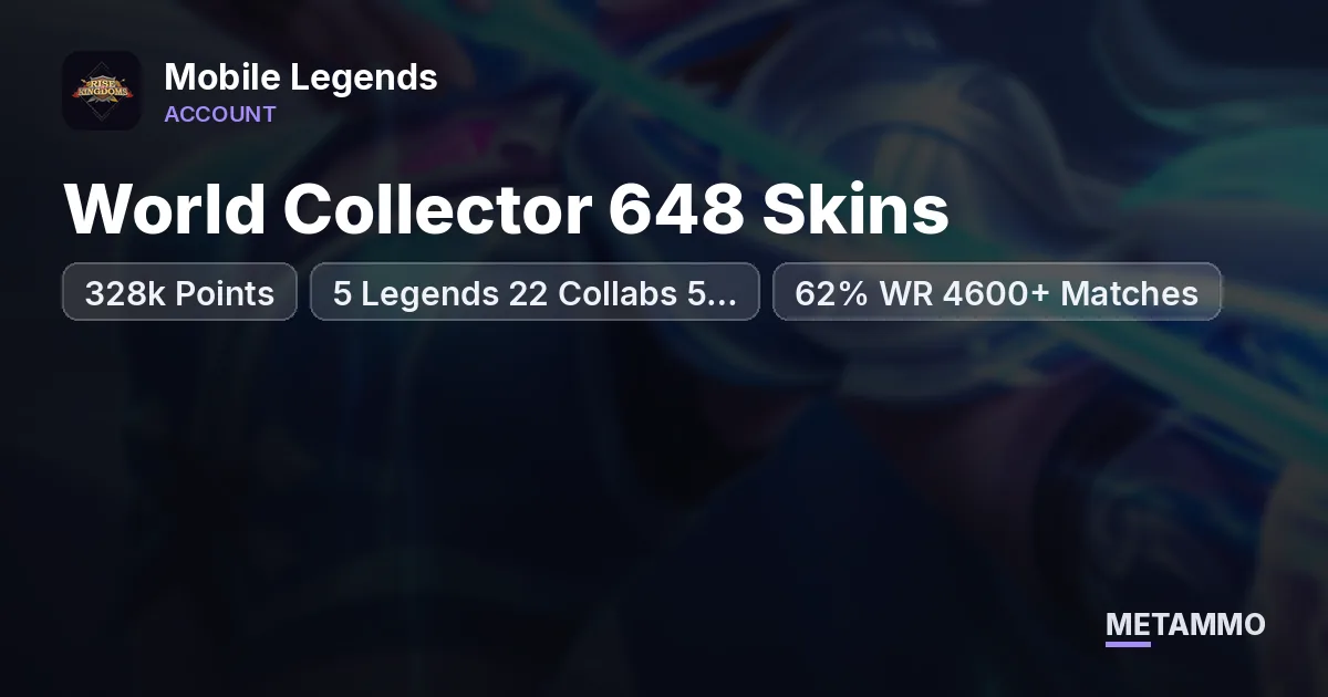 World Collector 648 Skins | 328k Points | 5 Legends 22 Collabs 5 Collectors | 62% WR 4600+ Matches - Mobile Legends account summary