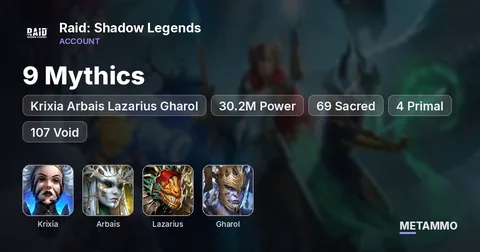 9 Mythics | Krixia Arbais Lazarius Gharol | 30.2M Power | 69 Sacred + 4 Primal + 107 Void | 257 Legendaries