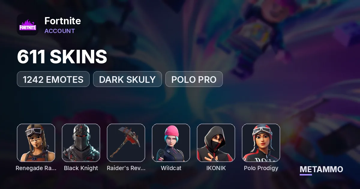 611 SKINS + 1242 EMOTES + OG RENEGADE RAIDER + BLACK KNIGHT + OG RAIDER'S REVENGE + WILDCAT + IKONIK + DARK SKULY + POLO PRO - Fortnite account summary
