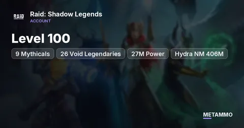 Level 100 | 9 Mythicals | 26 Void Legendaries | 27M Power | Max Classic Great Hall | Hydra NM 406M