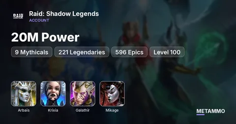 20M Power | 9 Mythicals | Arbais, Krixia, Galathir, Mikage | 221 Legendaries | 596 Epics | Level 100
