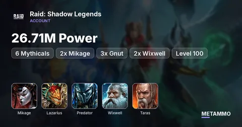 26.71M Power | 6 Mythicals | 2x Mikage, Lazarius, Predator | 3x Gnut | 2x Wixwell | Taras | Level 100