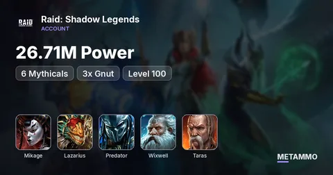 26.71M Power | 6 Mythicals | 2x Mikage, Lazarius, Predator | 3x Gnut | 2x Wixwell | Taras | Level 100