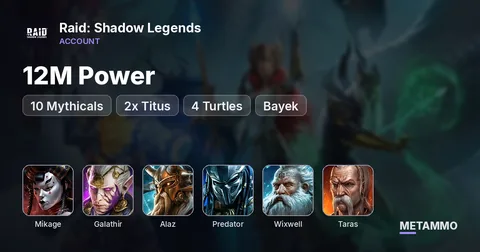 12M Power | 10 Mythicals | 2x Mikage, Galathir, Alaz, Predator | 2x Titus + Wixwell | 4 Turtles | Taras, Bayek