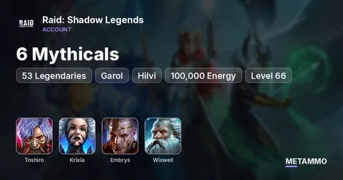 6 Mythicals | Toshiro, Krixia, Embrys | 53 Legendaries | Garol, Hilvi, Wixwell | 100,000 Energy | Level 66