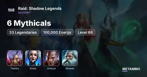 6 Mythicals | Toshiro, Krixia, Embrys | 53 Legendaries | Garol, Hilvi, Wixwell | 100,000 Energy | Level 66