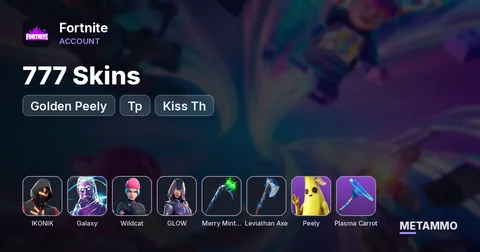 777 Skins + Golden Peely (70%) + Ikonik + Galaxy + Wildcat + Glow + Tp + Minty Axe + Plasma Carrot + Leviathan Axe + Kiss Th