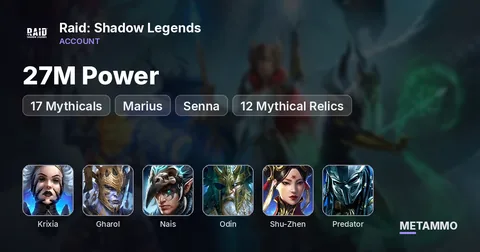 27M Power | 17 Mythicals | Krixia, Gharol, Nais | Odin, Shu Zhen, Predator, Marius, Senna | 12 Mythical Relics
