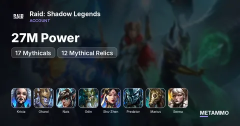 27M Power | 17 Mythicals | Krixia, Gharol, Nais | Odin, Shu Zhen, Predator, Marius, Senna | 12 Mythical Relics