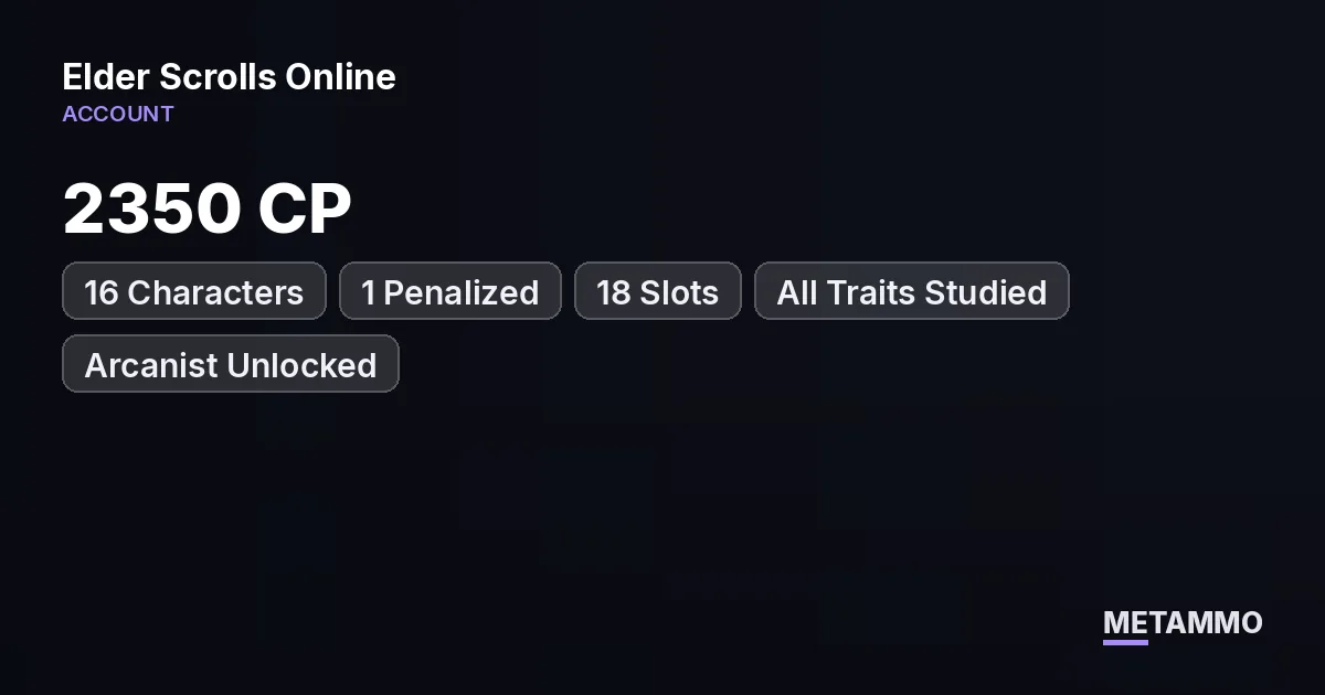 2350 CP | 16 Characters + 1 Penalized | 18 Slots | All Traits Studied | Arcanist Unlocked | EU PC - The Elder Scrolls Online account summary