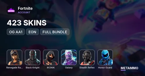 423 SKINS + OG RENEGADE RAIDER + OG AA1 + BLACK KNIGHT + IKONIK + GALAXY + STEALTH REFLEX + HONOR GUARD + EON (FULL BUNDLE)