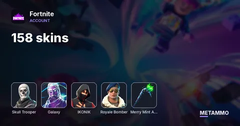 158 skins + OG SKULL TROOPER + GALAXY + IKONIK + ROYALE BOMBER + MERRY MINT AXE