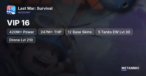VIP 16 | 420M+ Power | 247M+ THP | 12 Base Skins | 5 Tanks EW Lvl 30 | Drone Lvl 210 | 100+ Transfer Tickets