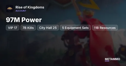 97M Power | VIP 17 | 7B Kills | City Hall 25 | 5 Equipment Sets | 11B Resources | 43 Passports
