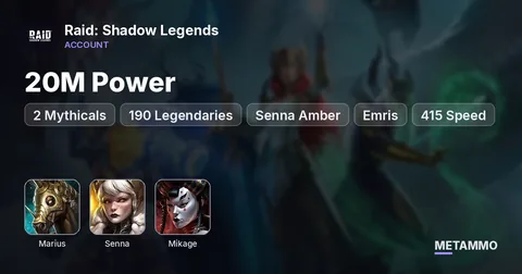 20M Power | 2 Mythicals | 190 Legendaries | Marius, Senna Amber, Emris, Mikage | 415 Speed | Level 100