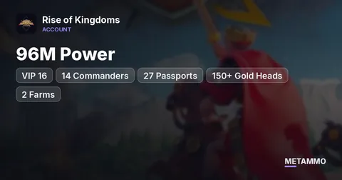 96M Power | VIP 16 | 14 Commanders | 27 Passports | 150+ Gold Heads | 2 Farms
