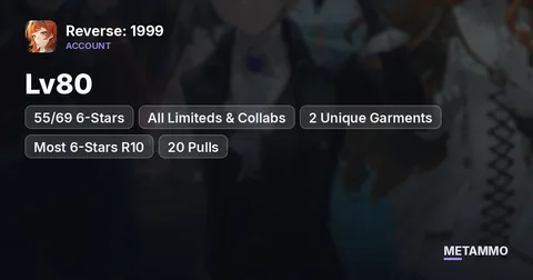 Lv80 | 55/69 6-Stars | All Limiteds & Collabs | 2 Unique Garments | Most 6-Stars R10 | 20 Pulls + 900 Crystal Drops