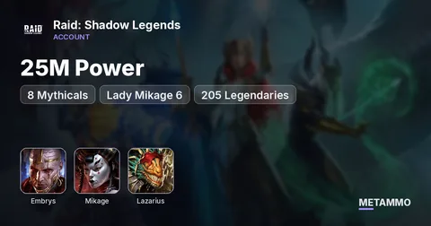 25M Power | 8 Mythicals | Embrys 6*, Lady Mikage 6*, Lazarius | 205 Legendaries - Raid: Shadow Legends account summary