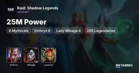 25M Power | 8 Mythicals | Embrys 6*, Lady Mikage 6*, Lazarius | 205 Legendaries