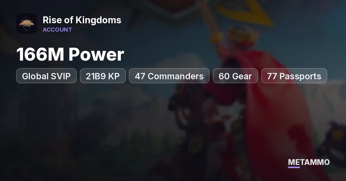 Global SVIP | 166M Power | 21B9 KP | 47 Commanders | 60 Gear | 77 Passports | City Hall 25 | 14 Farms - Rise of Kingdoms account summary