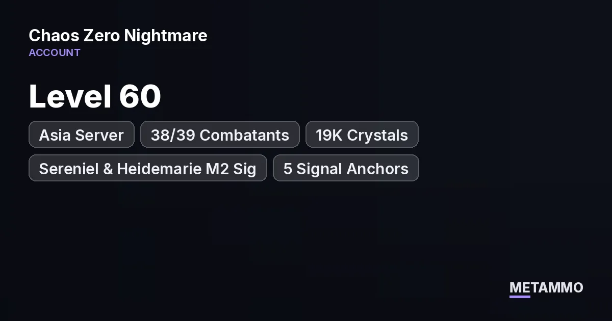 Asia Server | Level 60 | 38/39 Combatants | 19K Crystals | Sereniel & Heidemarie M2 Sig | 5 Signal Anchors - Chaos Zero Nightmare account summary