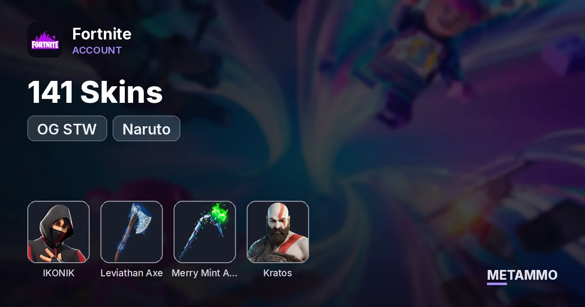 141 Skins | OG STW | IKONIK | Leviathan Axe | Merry Mint Axe | Kratos | Naruto - Fortnite account summary