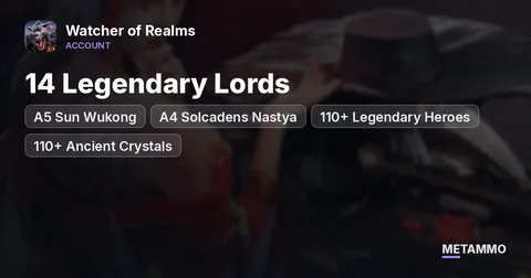 14 Legendary Lords | A5 Sun Wukong | A4 Solcadens Nastya | 110+ Legendary Heroes | 110+ Ancient Crystals
