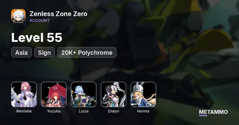 Asia | Level 55 | Remielle + Sign | Yuzuha + Sign | Lucia + Sign | Dialyn + Sign | Norma | 20K+ Polychrome