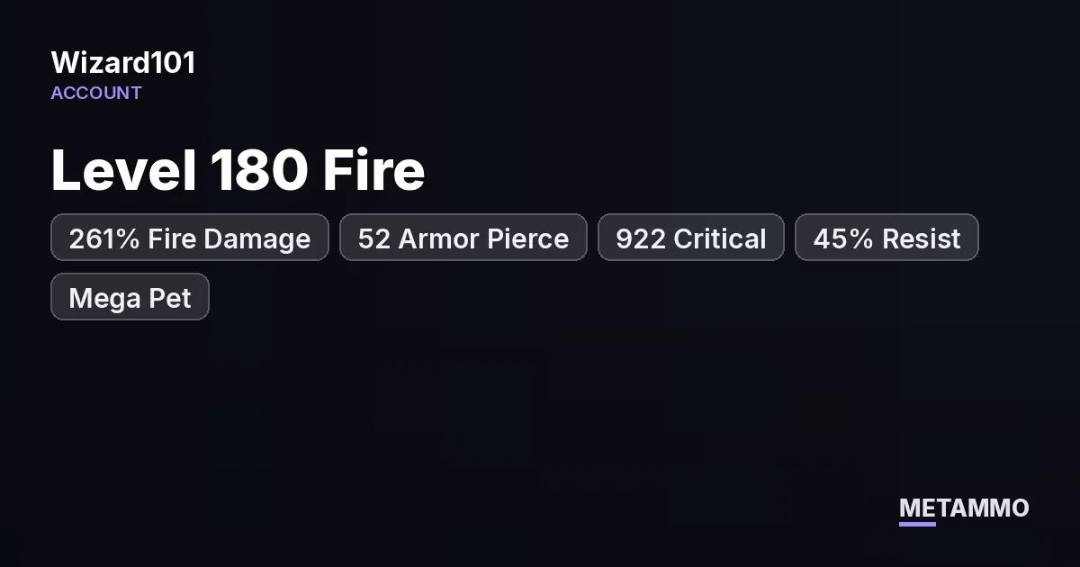 Level 180 Fire | 261% Fire Damage | 52 Armor Pierce | 922 Critical | 45% Resist | Mega Pet | Abomination Set - Wizard101 account summary