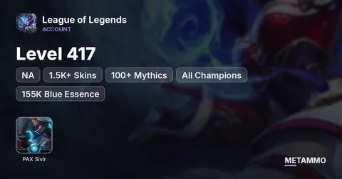 NA | Level 417 | 1.5K+ Skins | 100+ Mythics | Pax Sivir | All Champions | 155K Blue Essence