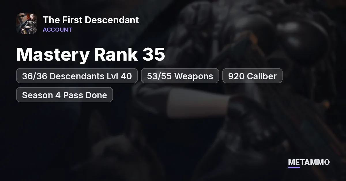 Mastery Rank 35 | 36/36 Descendants Lvl 40 | 53/55 Weapons | 920 Caliber | Season 4 Pass Done - The First Descendant account summary