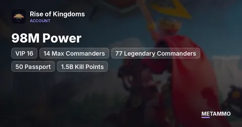 98M Power | VIP 16 | 14 Max Commanders | 77 Legendary Commanders | 50 Passport | 1.5B Kill Points | 28 Skin Houses