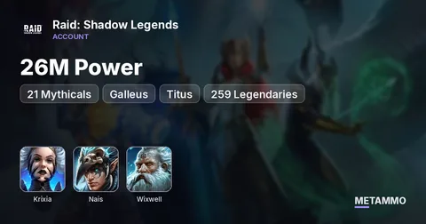 26M Power | 21 Mythicals | Krixia, Galleus, Nais | Titus + Wixwell | 259 Legendaries