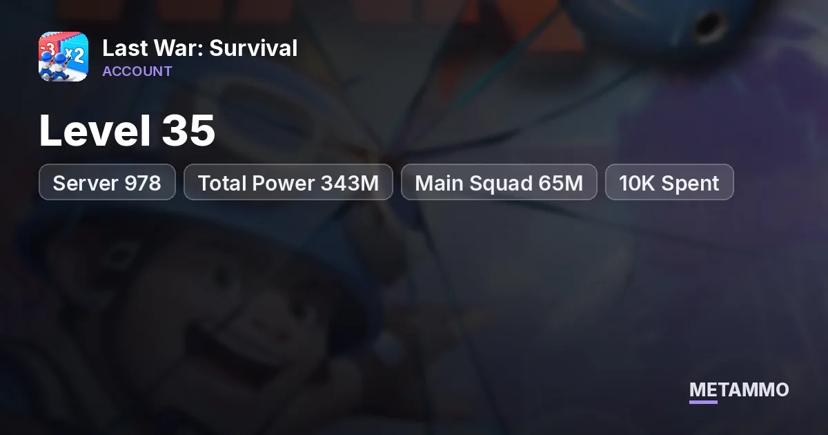 Server 978 | Level 35 | Total Power 343M | Main Squad 65M | 10K Spent - Last War: Survival account summary