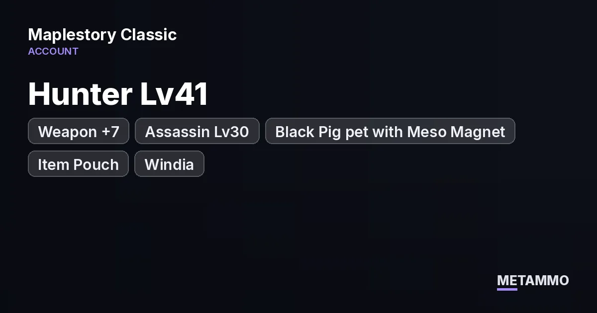 Hunter Lv41 | Weapon +7 | Assassin Lv30 | Black Pig pet with Meso Magnet, Item Pouch | Windia - MapleStory Classic World account summary