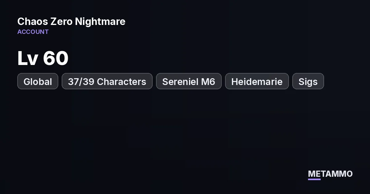 Global | Lv 60 | 37/39 Characters | Sereniel M6 | Rossweisse, Arabella, Heidemarie + Sigs | 1 Omega Code - Chaos Zero Nightmare account summary