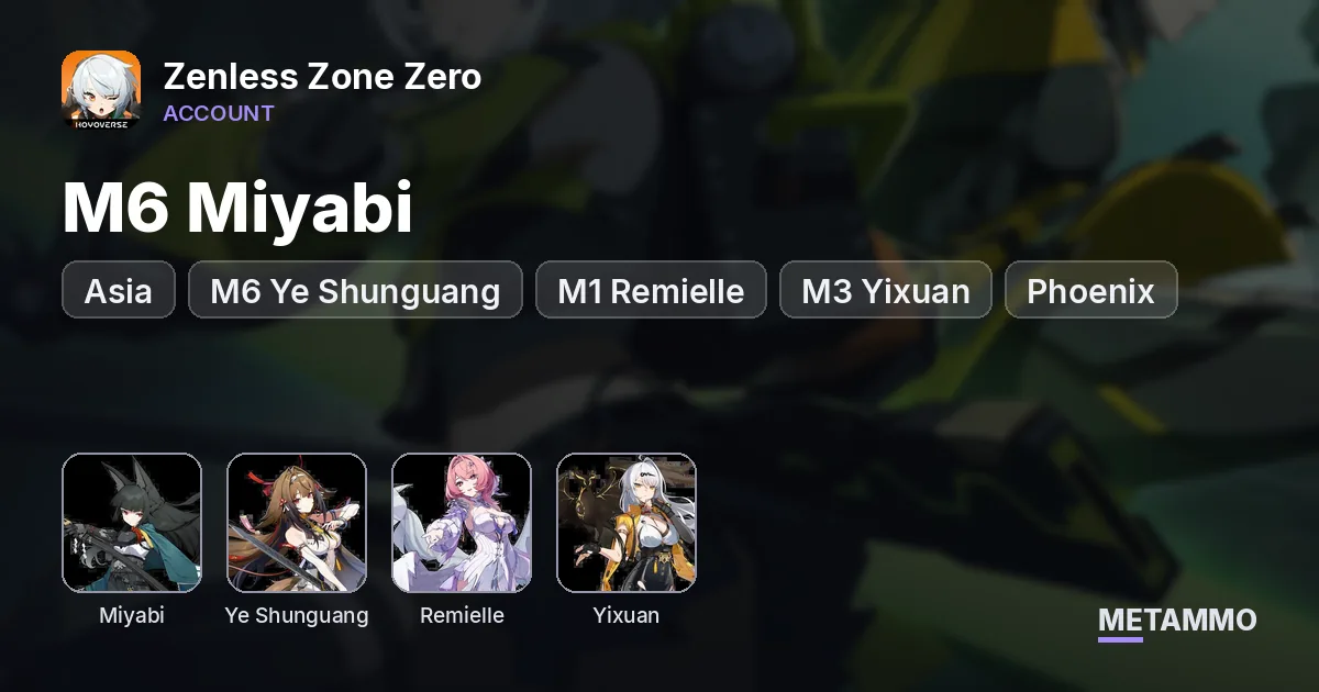 Asia | M6 Miyabi | M6 Ye Shunguang | M1 Remielle | M3 Yixuan | Phoenix | x2 Top-Up Packs - Zenless Zone Zero account summary