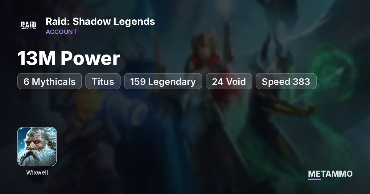 13M Power | 6 Mythicals | Titus + Wixwell | 159 Legendary | 24 Void | Speed 383 | 2 Mythical Relics - Raid: Shadow Legends account summary