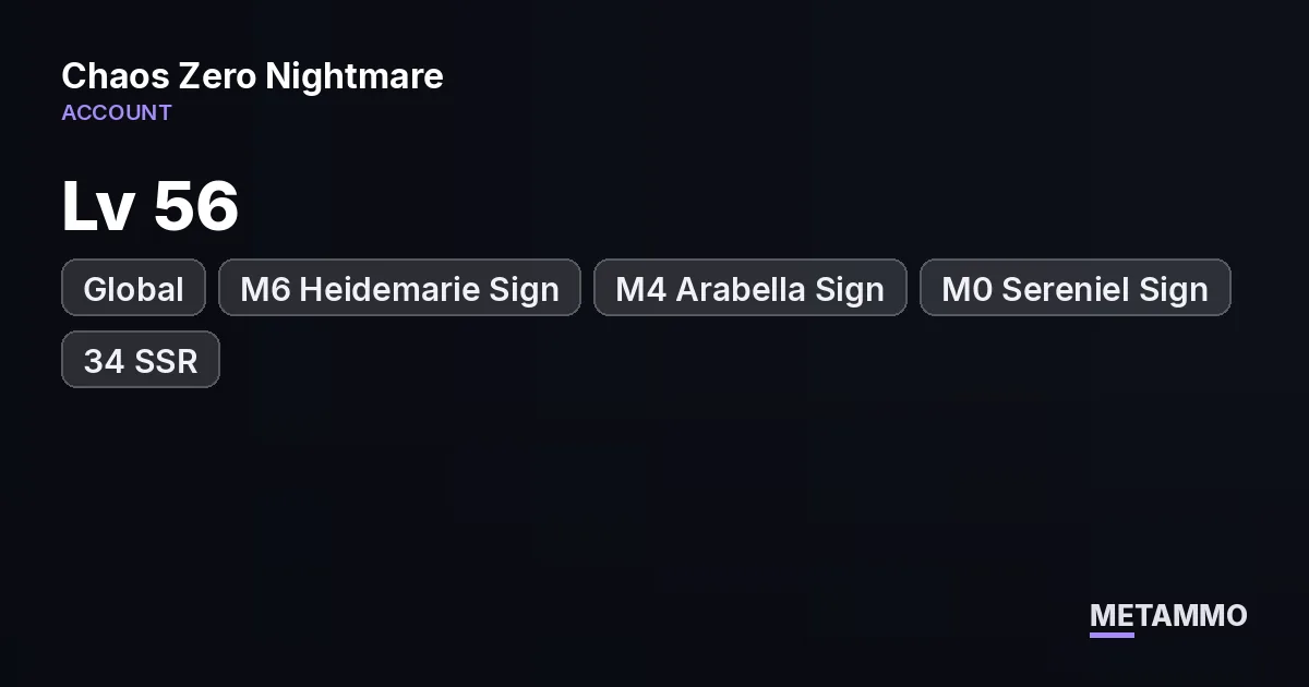 Global | Lv 56 | M6 Heidemarie Sign | M4 Arabella Sign | M0 Sereniel Sign | 34 SSR | 26/39 - Chaos Zero Nightmare account summary