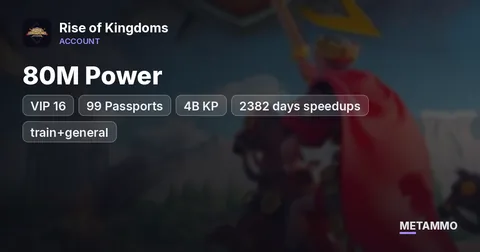 80M Power | VIP 16 | 99 Passports | 4B KP | 2382 days speedups (train+general) | 5 Full Gold Marches | 6 Skins | 4 Farms
