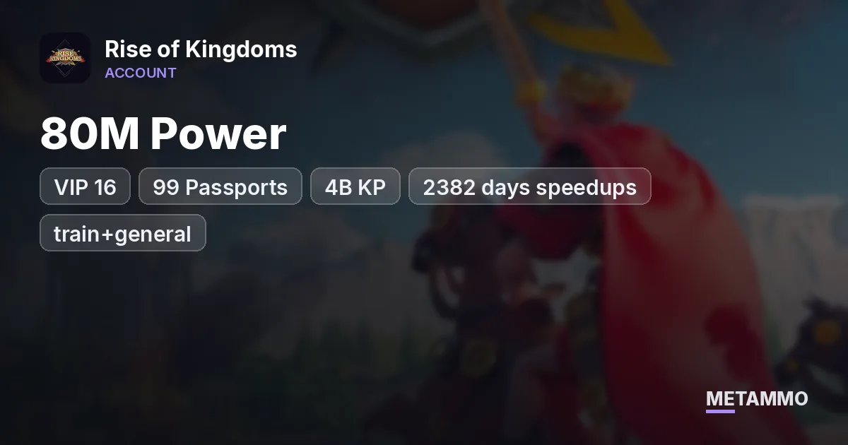 80M Power | VIP 16 | 99 Passports | 4B KP | 2382 days speedups (train+general) | 5 Full Gold Marches | 6 Skins | 4 Farms - Rise of Kingdoms account summary