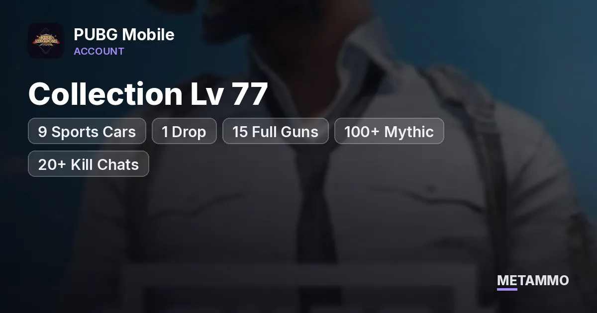 9 Sports Cars + 1 Drop | 15 Full Guns | Collection Lv 77 | 100+ Mythic | 20+ Kill Chats - PUBG Mobile account summary