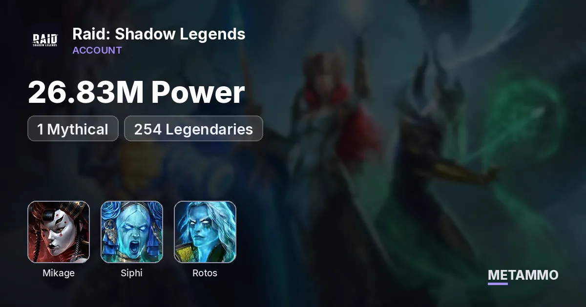 26.83M Power | 1 Mythical | Mikage | Siphi + Rotos | 254 Legendaries - Raid: Shadow Legends account summary