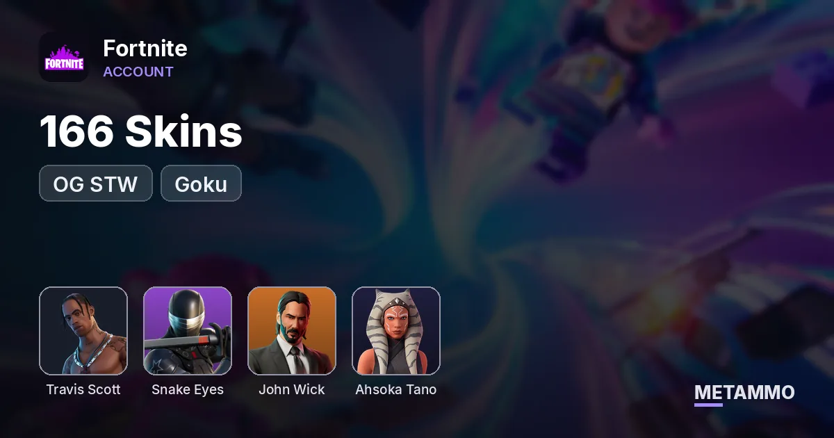 166 Skins | OG STW | Travis Scott | Snake Eyes | John Wick | Goku | Ahsoka Tano - Fortnite account summary