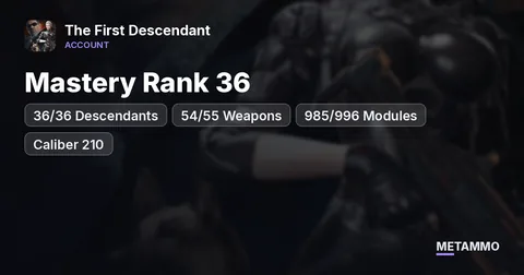 Mastery Rank 36 | 36/36 Descendants | 54/55 Weapons | 985/996 Modules | Caliber 210 | 64,043