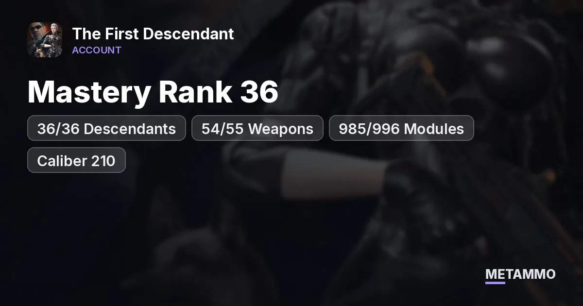 Mastery Rank 36 | 36/36 Descendants | 54/55 Weapons | 985/996 Modules | Caliber 210 | 64,043 - The First Descendant account summary
