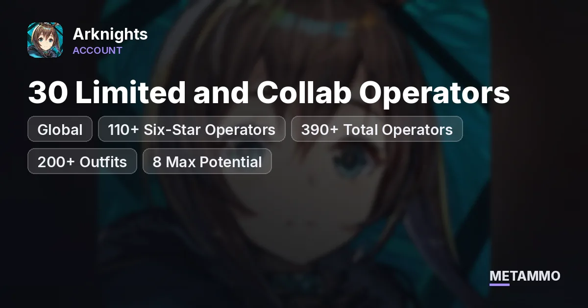 Global | 30 Limited and Collab Operators | 110+ Six-Star Operators | 390+ Total Operators | 200+ Outfits | 8 Max Potential - Arknights account summary